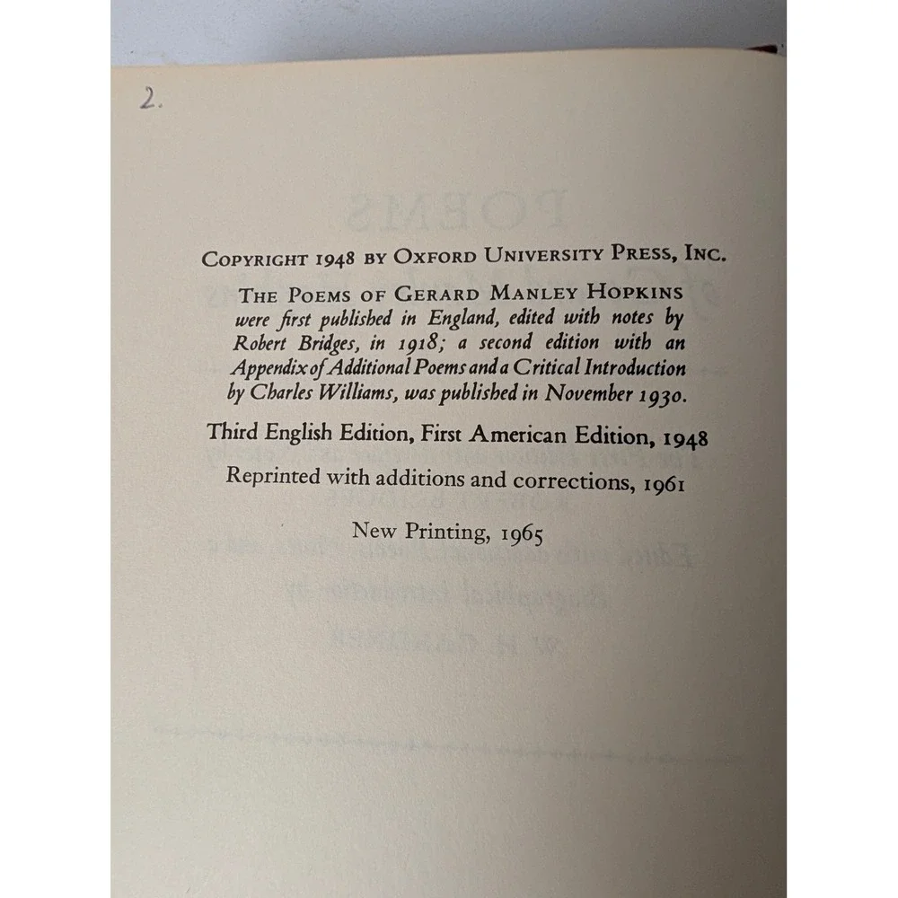 Poems of Gerard Manley Hopkins 1965 Oxford University Press Hardcover DJ